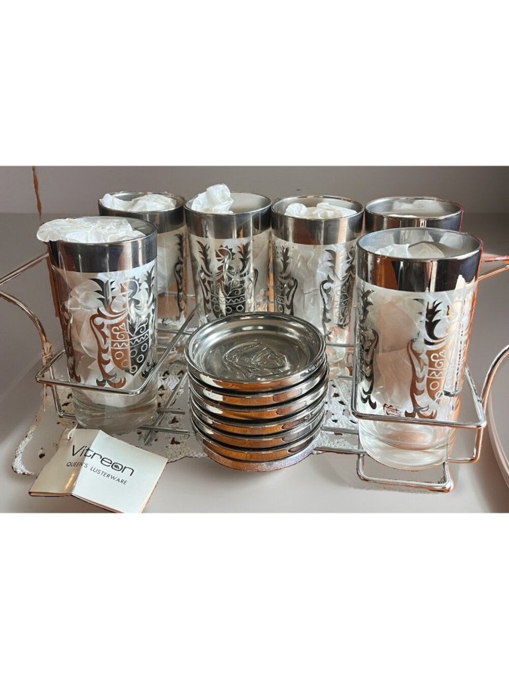 Mid Century Vitreon Knight Shield Silver Highball Glasses Barware Vintage Set 6